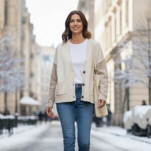 Madewell Colorblock Wool Blend Cardigan in Creams & Brown